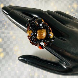 Vintage OOAK multi-media beaded artisan ring 8